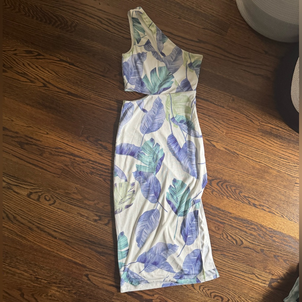 Lulu's Leaf Patterned Cut Out Dress in Green and Blue